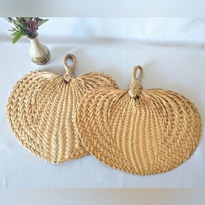 Pair of Vintage Bohemian Raffia Heart Shaped/Palm Leaf Hand Fans